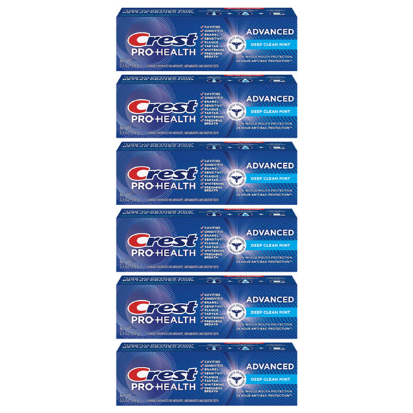 Six boxes of Crest Pro-Health Advanced Deep Clean Mint Toothpaste 3.5oz are stacked vertically, each displaying the Crest logo and product details on a blue background. This 6-pack offers powerful cleaning for a healthier smile.
